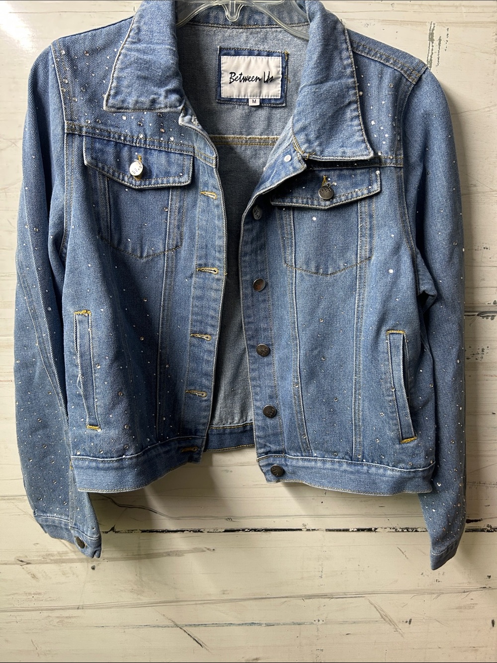 🦋🫶Between Us Women's Light Blue Denim Jacket with Embellished Speckle